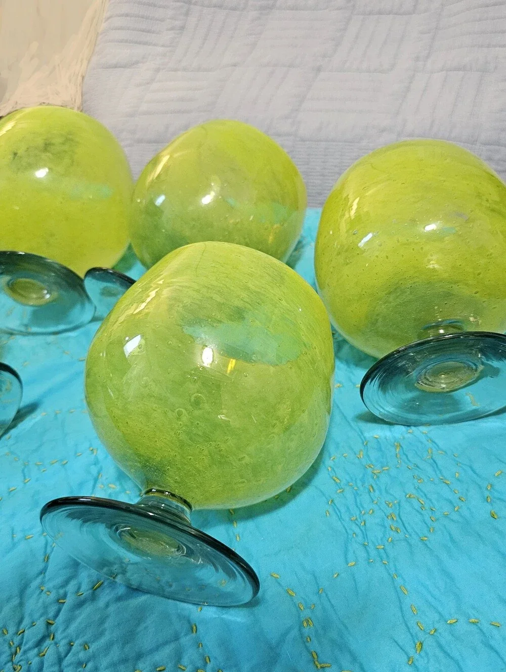Crate & Barrel Handblown Glass Goblets, Lime Green, Quality Made Five(5) Glasses